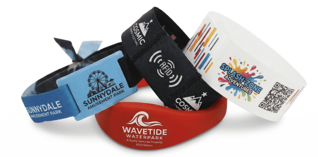 Four wristbands with different designs and text on a white background